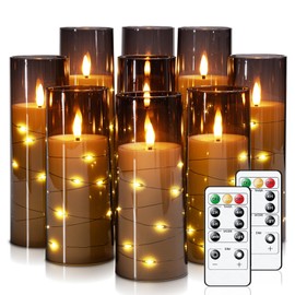 Raycare Flameless LED Candles with Embedded Star String, 9 Pcs Battery Operated Acrylic Pillar Candles with Timer and Remote, Flickering Candles for Romantic Ambiance and Home Decoration (Grey)