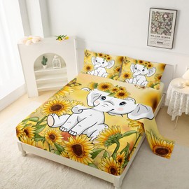 QOOMO Kawaii Elephant Bedding for Boys and Girls Cartoon Wild Animal Kids Sheets Set Sunflower Microfiber Flat Fitted Sheets Set for Children Twin Size 1 Fitted Sheet, 1 Flat Sheet, 2 Pillow Cases