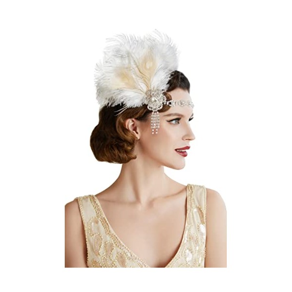 BABEYOND Women's Peacock Feather Headband 1920s Flapper Headpiece Vintage Headband with Crystal Great Gatsby Accessories for Pageant Themed Party Wedding White(Size: One Size)