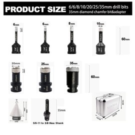 BTBLBITS Diamond Core Drill Bits Set 9pcs (6/6/8/10/20/25/35mm Tile Diamond Hole Saw Bit Kit+35mm Beveling Chamfer Bit+5/8"-11 to Hex Adapter) for Porcelain Ceramic Tiles Marble Granite Brick Concrete