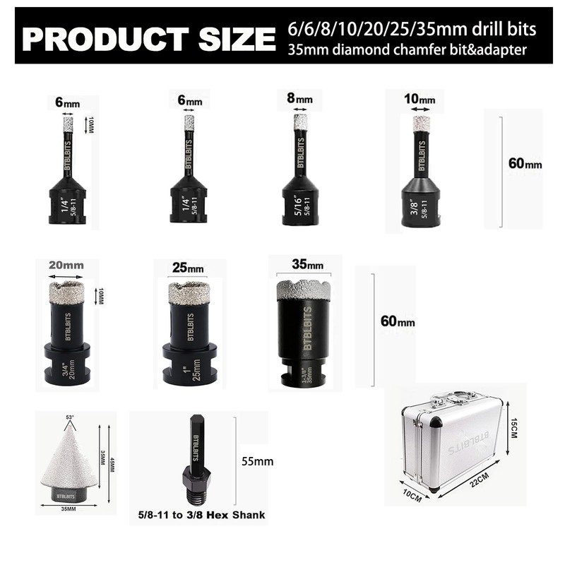 BTBLBITS Diamond Core Drill Bits Set 9pcs (6/6/8/10/20/25/35mm Tile Diamond