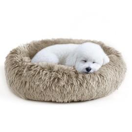 Deconovo Calming Dog Bed for Small Dogs/Cats - Plush Donut Pet Bed with Anti-Slip Bottom, Washable Anti-Anxiety Warming Cozy Soft Pet Puppy Round Bed for Better Sleep, Ideal for Indoor Use, Camel