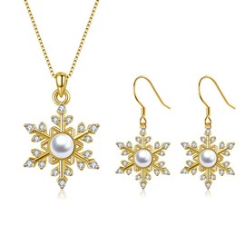 Deyanse Christmas Jewellery Set for Women, 925 Sterling Silver Snowflake Jewellery Set, 2 Pieces Snow Pendant Necklace & Earrings with White Pearl Zirconia, Hypoallergenic, 45 + 5 cm Silver Chain