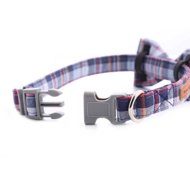 Lionet Paws Cat and Dog Collar with Bowtie,DarkBlue Plaid Cotton