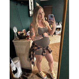 AIBIANOCEL Women's Maternity Bodysuit Pregnancy Shapewear Sleeveless Tank Top Shorts Ribbed Romper Jumpsuit(Tea Leaf,Medium)