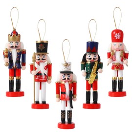 5pcs 12cm Small Wooden Christmas Nutcracker Soldier Ornaments,Christmas Tree Decorations Mini Nutcracker Figures Hanging Ornaments,Nutcracker Soldier Puppet Doll Pendant for Tree Tradition Xmas Decor