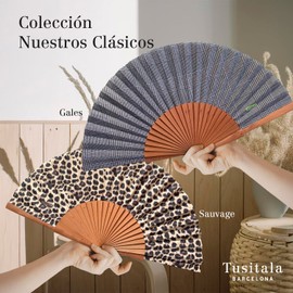 Tusitala Barcelona Wooden and Cotton Fan - 100% Artisan and Spanish - Includes Natural Jute Cover - Handmade Fashion Accessory - Fabrics Collection, Dowel, 23cm