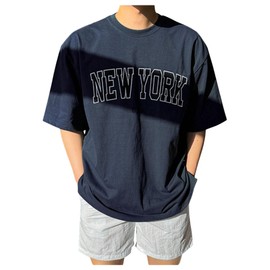 VIPWOLF Men's Short Sleeve Summer Shirts Letter Graphic Tees Crew Neck Casual T-Shirts Dark Blue Small