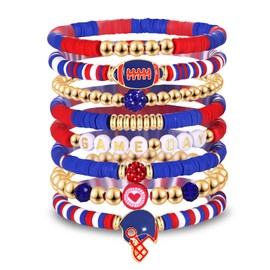 Game Day Bracelets for Women Football Bracelets Red Black Blue Heishi Clay Beaded Stretch Bracelets Stackable Sports Football Charm Bracelet Bangles Football Mom Accessories Outfits Jewelry Gifts (Red Blue 1)