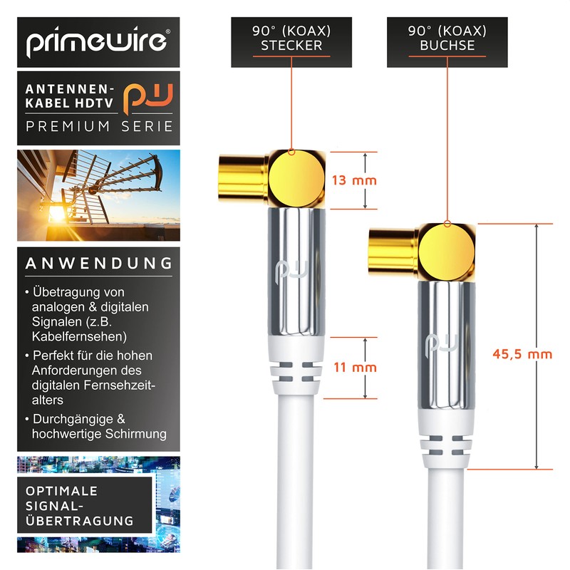 Primewire 2m antenna cable HDTV 135dB 75 ohm 90Â °