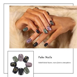 Zehope Easter Press on Nails Black Short Oval Fake Nails Glossy Full Cover Nails Moon Star Acrylic Nails for Women and Girls(24pcs) (Black)