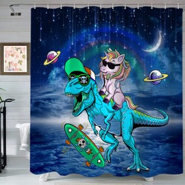 Funny Dinosaur Shower Curtain Set for Kids Bathroom, Cute Unicorn Riding Dinosaur Rainbow Decor Fabric Shower Curtains Sets Galaxy Space Teen Boys Girls Bath Accessories with Hooks 60 X 72 inch