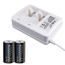 Rechargeable C Size Batteries with Charger, 2 Pack Rechargeable C Batteries 4000mAh Cell with Dual Slots LED AA/AAA/C/D Battery Charger for Ni-MH Ni-CD Battery