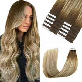 Sindra Tape in Extensions Human Hair Balayage Color 3/8/22 Darker Brown to Ash Brown and Dirty Blonde Remy Human Hair Tape in Extensions Seamless Skin Weft 50g 16 Inch T3/8/22 16in