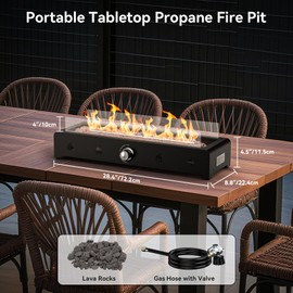 Onlyfire 28'' Tabletop Fire Pit, Outdoor Propane Gas Firepit Side-Mounted for Most Tables, Glass Wind Guard and Lava Rock, Rectangular Smokeless Fire Table Top Fireplace