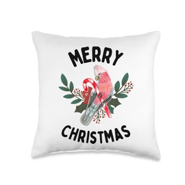 Parrot and Pet Bird Owners Merry Christmas Galah Parrot Candy Cane Mistletoe Watercolor Throw Pillow, 16x16, Multicolor