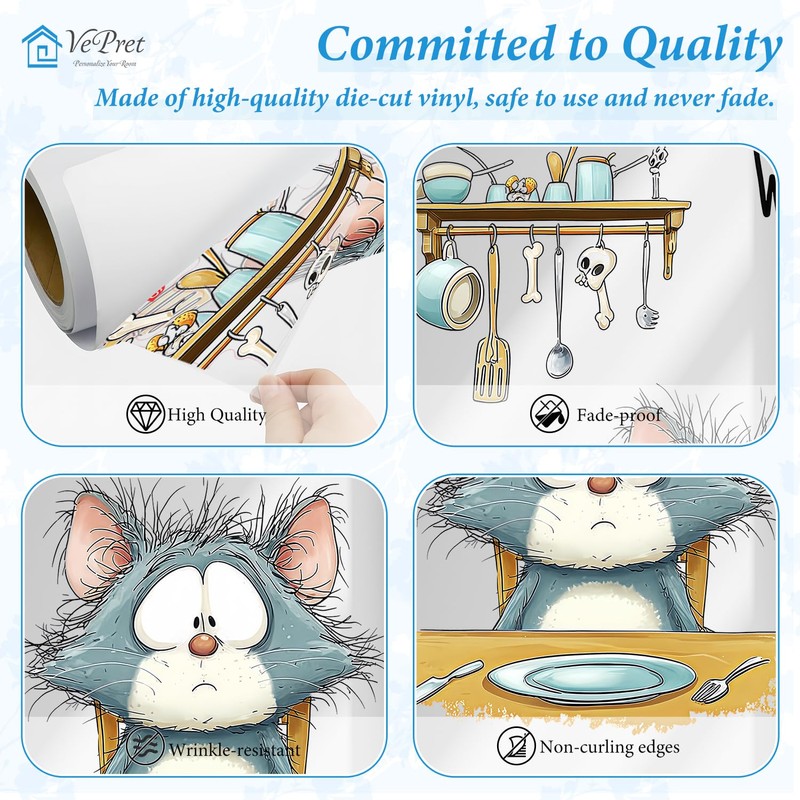 VePret Large Hungry Cat Kitchen Wall Decals Peel and Stick,