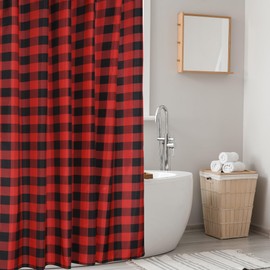 RLoncomix Buffalo Check Shower Curtains Red Black Farmhouse Country Standard Bathroom Curtain Fabric Waterproof Bath Curtains with Hooks Winter Holiday Party Decor, 72 x 72 Inch