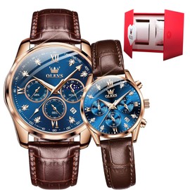 OLEVS Valentines Couple Pair Quartz Watches His and Her Couple Set Leather Chronograph Diamond Wrist Watch Men Women Lovers Wedding Romantic Gifts
