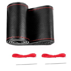 Belinous Perforated Leather Steering Wheel Cover Lace Up, Breathable Stitch-on Steering Wheel Wrap, Non-Slip Hand-Stitched Cover Fit for 14.5–16" Car Truck Pickup Boat (Size M4, Black and Red)