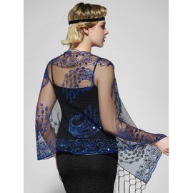 SWEETV - Chal largo para mujer de los años 20, con solapa de lentejuelas para mujer, formal, fiesta, boda, formal, noche Harlem, Azul 2, talla única