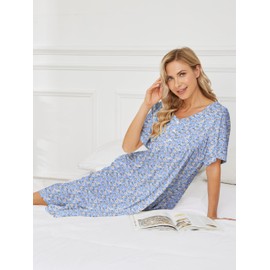 VTUOFC House Dresses for Women with Pockets Floral Cotton Nightgowns Short Sleeve Moo Moos for Women Mumu Moomoo Dress Light Blue L
