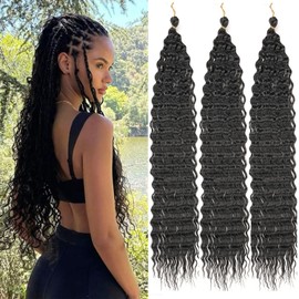 Mscat Ocean Wave Crochet Hair 18 Inch 3 Packs Deep Wave Curly Braiding Hair Extensions Synthetic Curly Crochet Hair For Women #1B