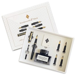 Wordsworth & Black Fountain Pen Gift Set, Includes Ink Bottle, 6 Ink Cartridges, Ink Refill Converter, 4 Replacement Nibs, Premium Package, Journaling, Calligraphy, Smooth Writing Pens [Black Gold]