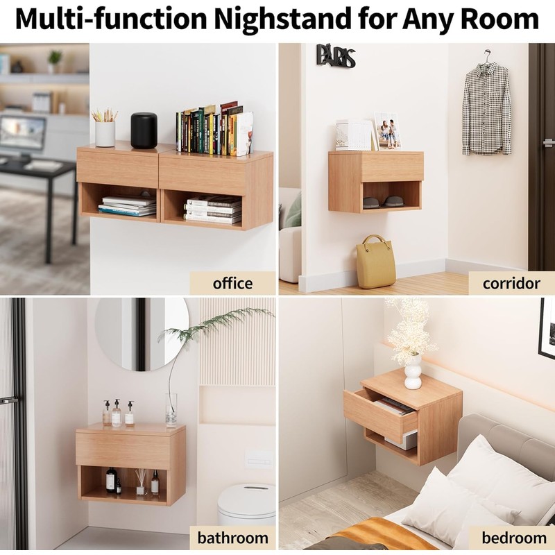 Floating Nightstand, Modern Wall Mounted Bedside Table with Drawer, Wood