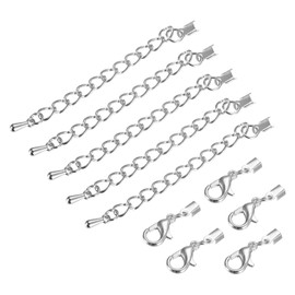 uxcell 20Sets Fold Over Cord Ends with Lobster Claw Clasps & Extension Chain, 3mm Terminators Crimp Cap Clasp Tips for DIY Craft Making, Silver White