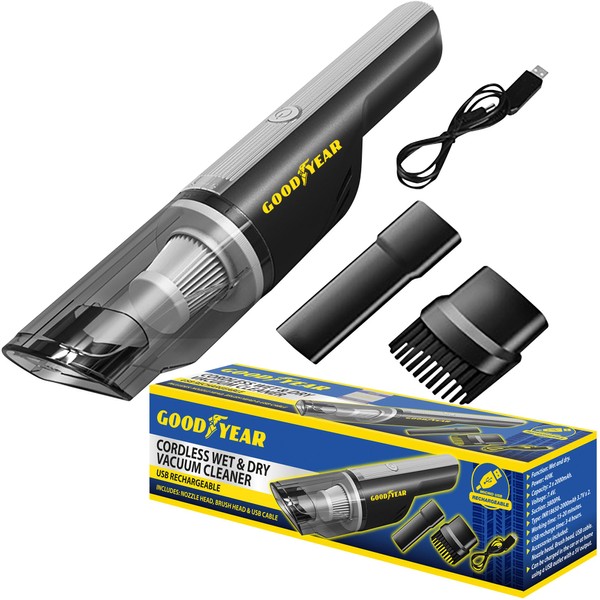 Goodyear 900315, Cordless Car Vacuum Cleaner with Hepa Filter | Wet | Dry |USB |Wireless, Black