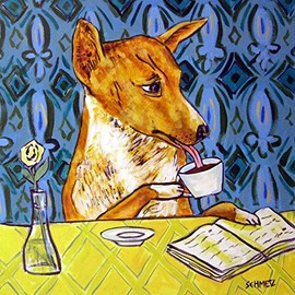 Basenji at the Cafe dog art tile coaster gift