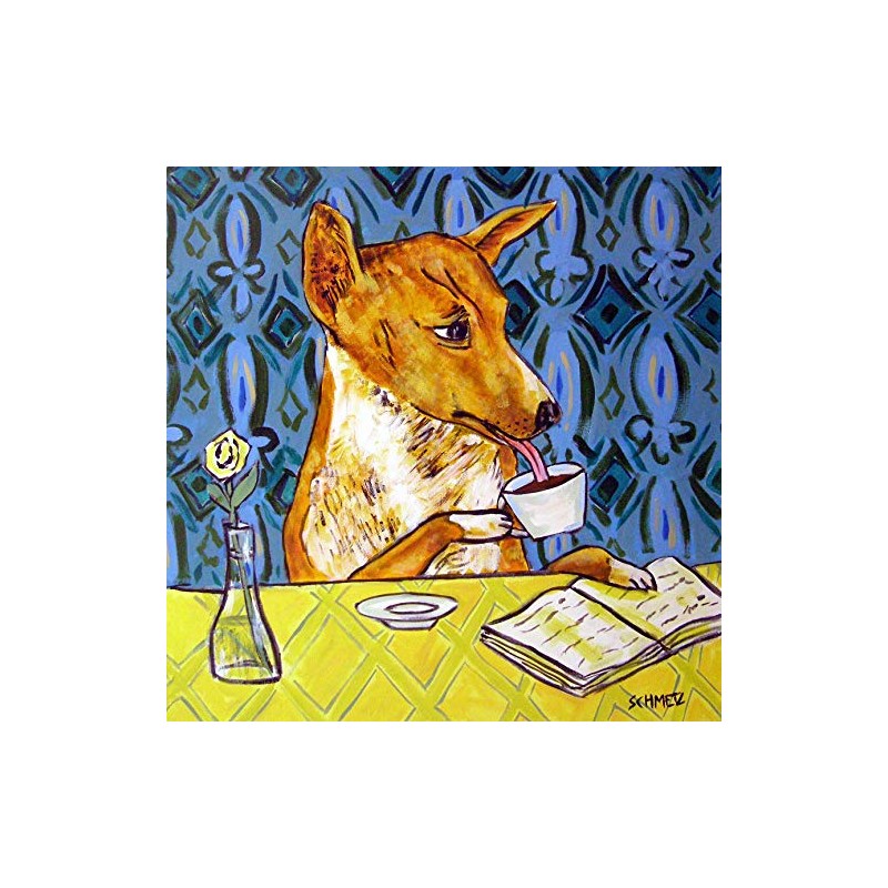 Basenji at the Cafe dog art tile coaster gift