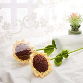 FINGERINSPIRE 2pcs Handmade Knitted Sunflower with Bouquet Package Bag Artificial Knitted Flowers Crochet Sunflower Handmade Single Sunflower for Home Decoration, Wedding Bouquet