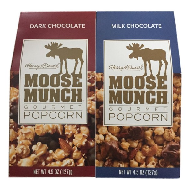 Harry & David Moose Munch Gourmet Popcorn: Dark Chocolate & Milk Chocolate 4.5 oz Package Bundle