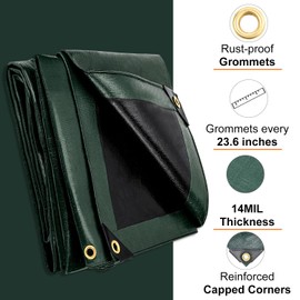 Patiobay Tarp 12x16 Feet, 14 Mil Large Waterproof Tarps Heavy Duty with Brass Grommets, Thick Plastic Tarp, UV Resistant Tear&Fade Resistant, Reinforced Edges for Outdoor Pool Car Camp Tent