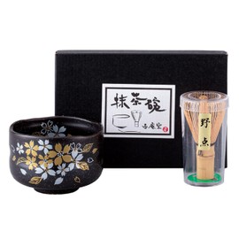 Waraku Fuuka Japanese Traditional Mino Ware Handcrafted Mini Matcha Chawan Tea Bowl Cup Set With Chasen Bamboo Tea Whisk Ceremony Tableware Pottery (Tenmoku Sakura)