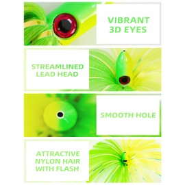 BLUEWING 6oz Sea Trolling Lures with Lead Head Saltwater Fishing Witches Big Game Ballyhoo Skirt for Tuna, Wahoo, Sailfish, Mahi Mahi, Green/Yellow