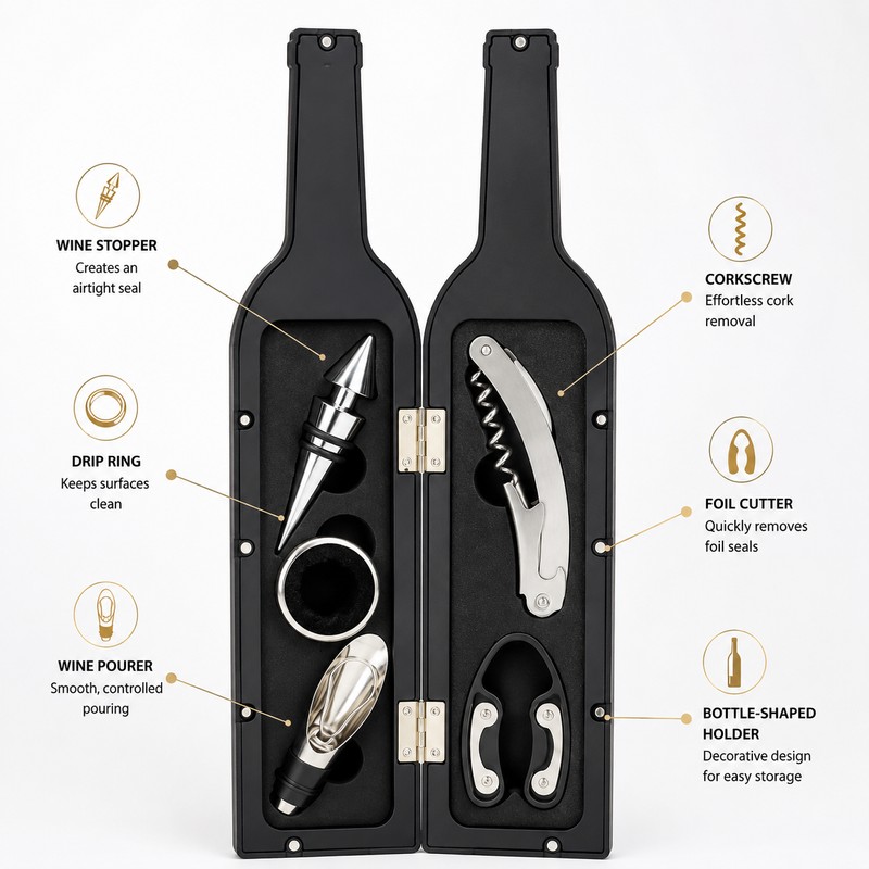 Wine Opener Set with Bottle-Shaped Holder – Corkscrew & Stopper