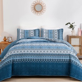 WONGS BEDDING Boho Quilt Set California King, Blue Bohemian Striped Pattern Quilts Bedspread Set for All Season, Soft Microfiber Coverlet Bedding Set 106"x96"(3 Pieces, Cal King)