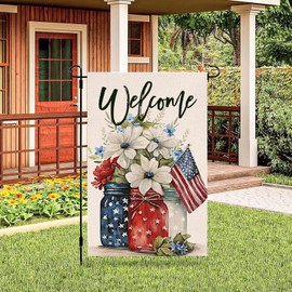 LILINMZ Garden Flags 4th of July Floral, 12x18 Inch Double Sided For Outside Patriotic Mason Jar Flowers Red Blue Memorial Day Independence Small Burlap Day Holiday Outside Decorations