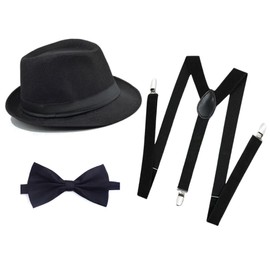 Soffpjy 1920s Mens Costume Fedora Hat Gatsby Gangster Accessories Suspenders & Pre Tied Bow Tie (Black A, Large（59-60cm）)