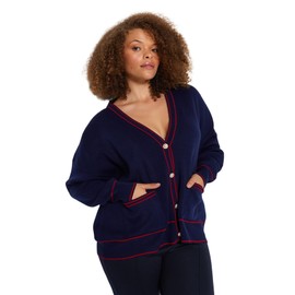 TRENDYOL Women's Striped Long Sleeve Relaxed Cardigan in Plus Size Cardigan Sweater, Navy red