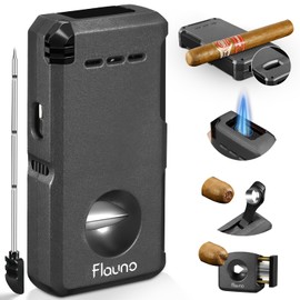 Cigar Lighter, 5- in -1 Torch Lighter, Built-in V-Cut Cigar Cutter, Cigar Punch, Cigar Draw Enhancer, Cigar Holder, Windproof Double Jet Flame, Refillable Butane for Smoking, Gift for Men