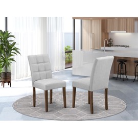 East West Furniture ASP8T27 Austin Parsons Dining Room Chairs - Light Gray Faux Leather Upholstered Seat and Button Tufted Chair Back – Antique Walnut Finish (Set of 2)