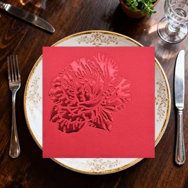 Floral Cocktail Paper Napkins Disposable, 60PCS Red Gold Foil Stamping Carnation Decorative Beverage/Dessert Napkins for Wedding, Anniversary, Elegant Party Table Decor. 3-Ply, Folded 5 x 5 In.