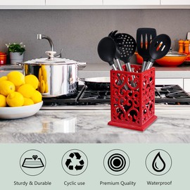 jogreful Vintage Cast Iron Utensil Holder, Cooking Decorative Utensil Organizer for Kitchen Countertop Cooking Utensil Holder (Red, Retro)