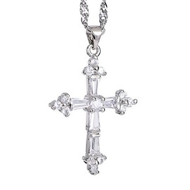Riva Crucifix Cross Pendant with 45 cm (18 Inches) Chain and Trapezoidal Cut Gemstone Zirconia CZ [White Topaz] in 18K White Gold Plated, Simple Modern Elegance, Brass, metal, Cubic Zirconia