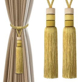 Curtain Tie Backs, Gold Taseel Curtain Tiebacks Handmade Large Braided Decorative Curtain Holdback Rope Elegant European Drape Tie Backs for Window Drapery, 1 Pair