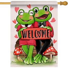 Artofy Welcome Frog Couple Large Decorative House Flag, Love Hearts Mushroom Yard Garden Outside Decor, Anniversary Wedding Burlap Outdoor Home Decoration Double Sided 28 x 40